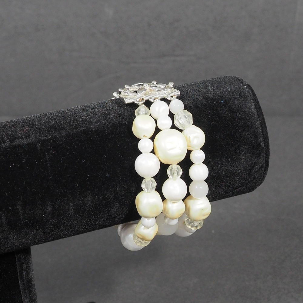 Vintage Coro Triple Strand Faux Baroque Pearl Bead Bracelet Silver Tone MCM